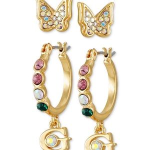 Gold-Tone 2-Pc. Set Multicolor Pavé Butterfly Stud & Logo Charm Hoop Earrings